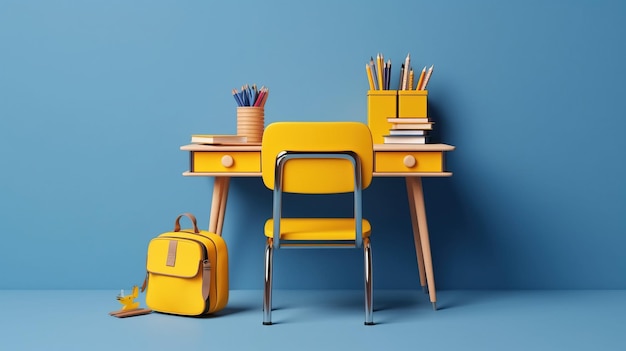 Photo school desk with a school accessory and a yellow bag chair