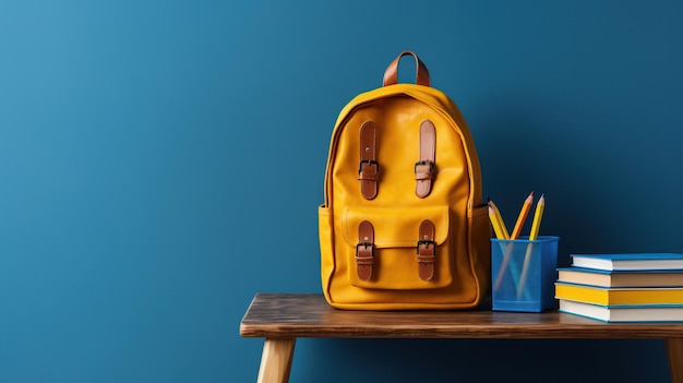 Photo school desk with a school accessory and a yellow bag