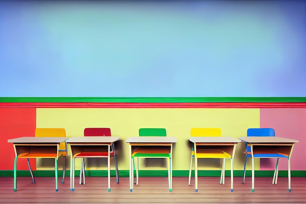 School desks near color wall in classroom Generative Ai