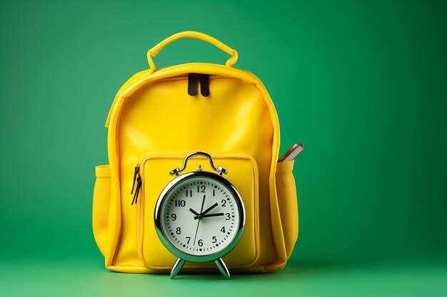 School Equipment and Alarm Clock in a Yellow Backpack Generative AI