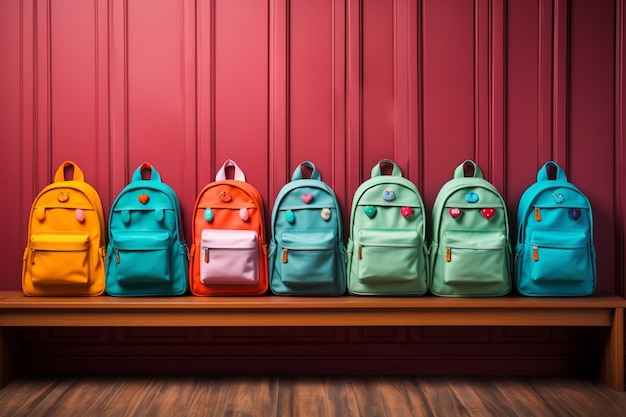 School essentials kleurrijke rugzakken op een houten plank blauwe kamer