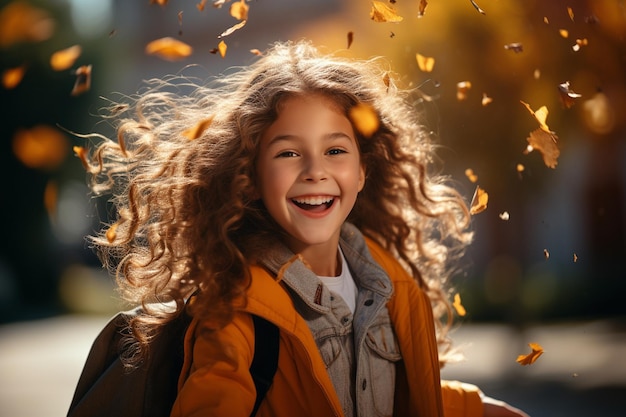 School Excitement Happy Girl Goes with Backpack to School with Generative AI