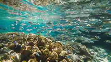 Photo a school of fish eagerly gather to feed on the gametes released by the coral