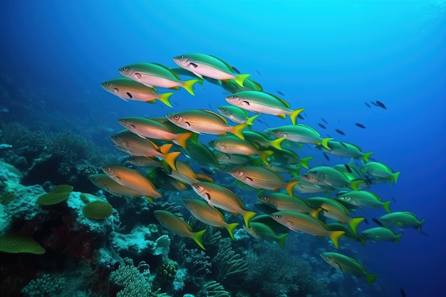 A school of fish is swimming in the ocean.