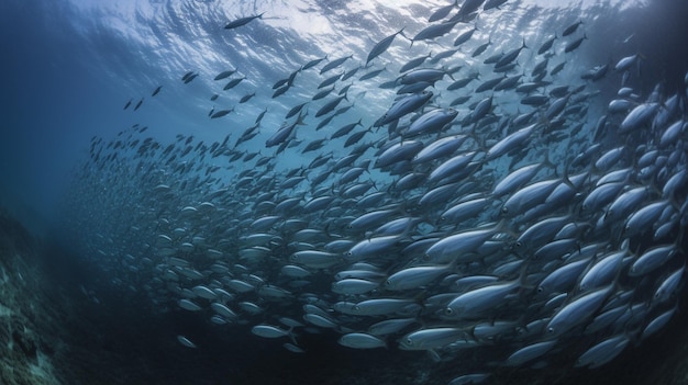 A school of fish is under water in the ocean