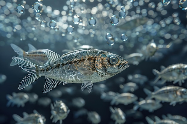 濃い青い海で泳ぐ魚の群れ