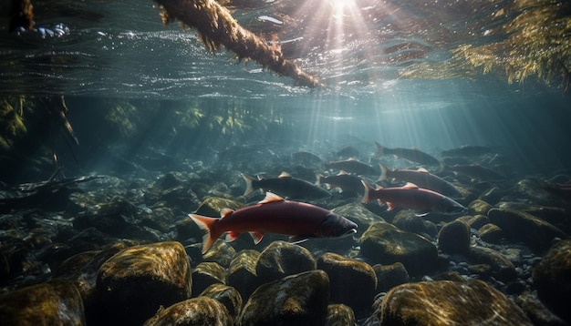 人工知能によって生成された熱帯サンゴ礁で泳ぐ魚の群れ