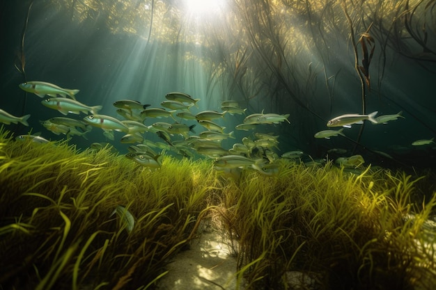 School of fish swimming among aquatic plants and seagrasses created with generative ai