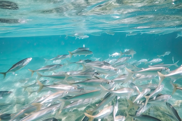 A school of fish swimming in crystalclear water created with generative ai