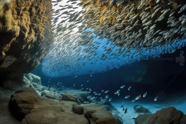 School of fish swimming in formation through underwater canyon created with generative ai