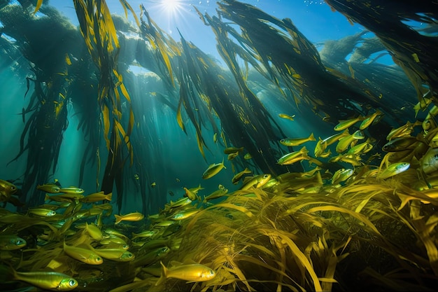 Photo school of fish swimming through vibrant kelp forest created with generative ai