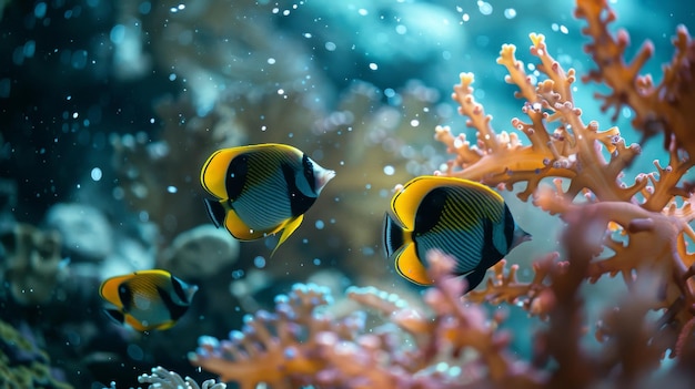 수중 산호초 생태계 에서 수영 하는 물고기 집단