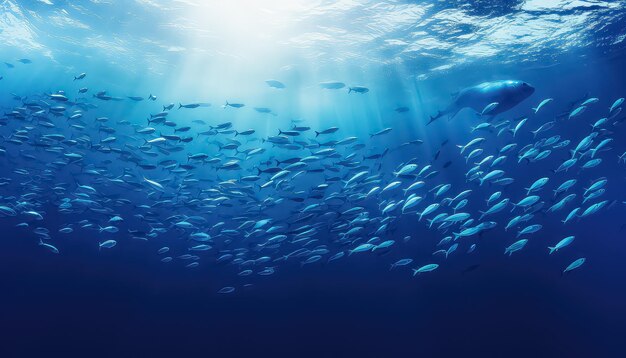 A school of fish underwater hunting in a group