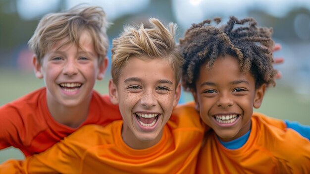 During a school football match three boys celebrate