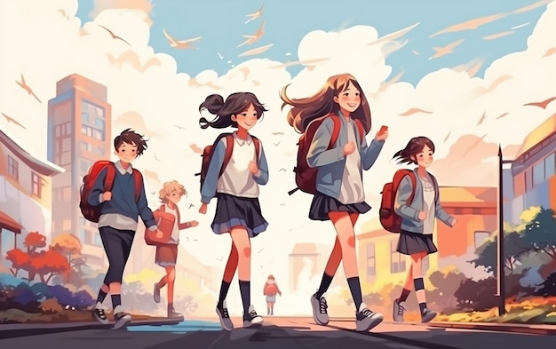 School Friends Boys and Girls with School Backpack Generative AI