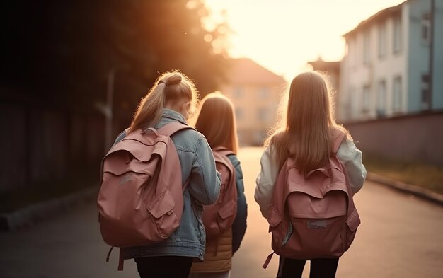 School friends girls with school backpack AI Generative AI