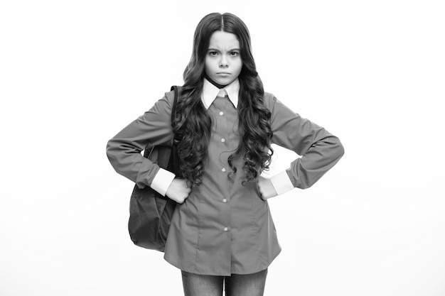 School girl in school uniform with school bag Schoolchild teenager hold backpack on white isolated background