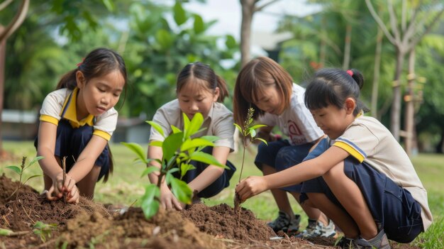A school group participating in a tree planting activity educating students about the importance of trees in mitigating climate change and improving air quality