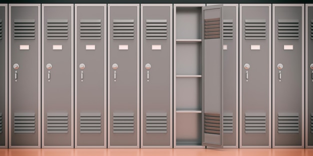 School gym lockers grey color one open door 3d
illustration