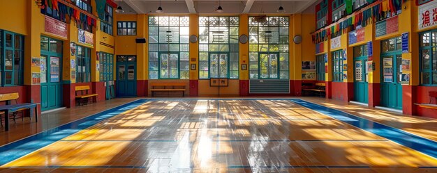 Foto la palestra della scuola decorata con bandiere e carta da parati