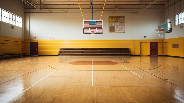 A school gymnasium with basketball hoops and bleachers