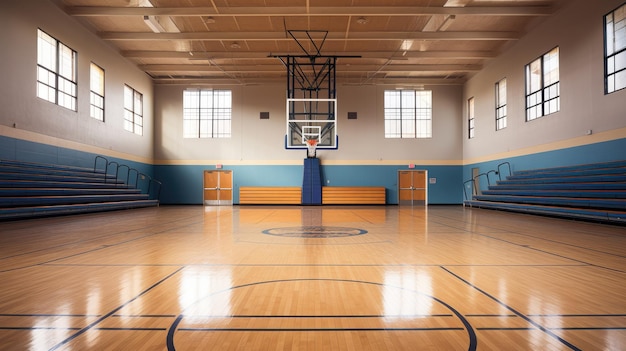 A school gymnasium with basketball hoops and bleachers