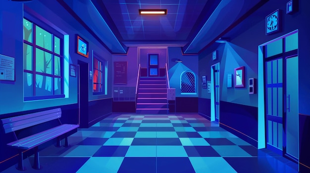 School hallway at night in moonlight cartoon modern dark corridor interior with stairs and window classroom entrance and lockers noticeboard bell clock and fire safety kit