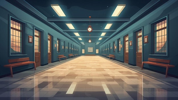 School hallway with benches at sunset illustration AI Generated