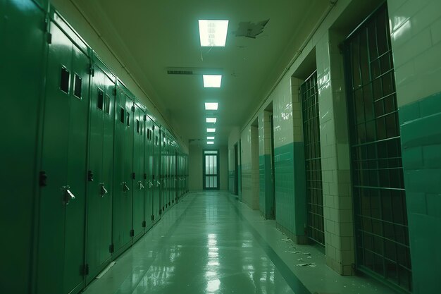 school hallway with Gloomy green lockers