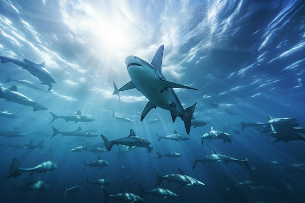 A school of hammerhead sharks patrolling the open 00196 03