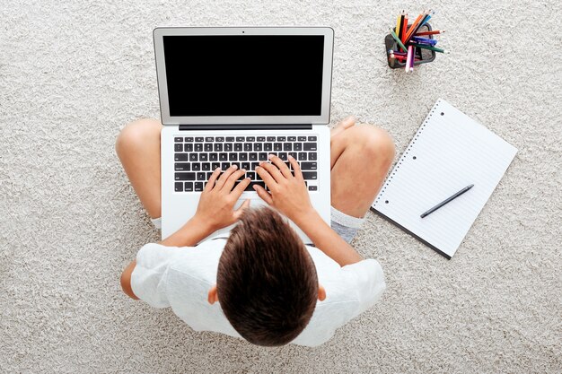 School at home through online homeschooling. the child is sitting at the computer