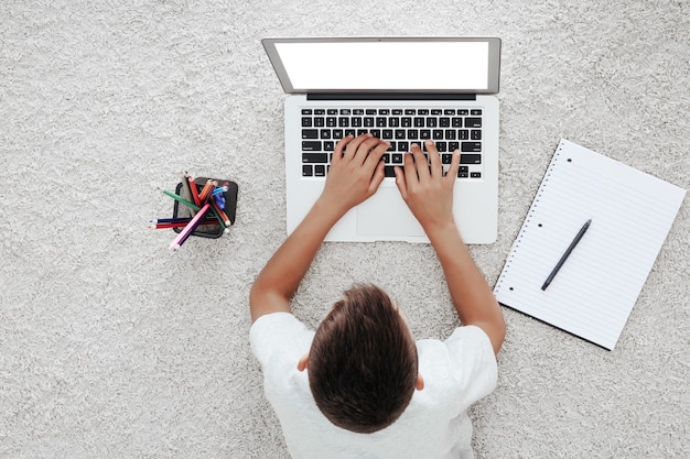 School at home through online homeschooling. the child is sitting at the computer