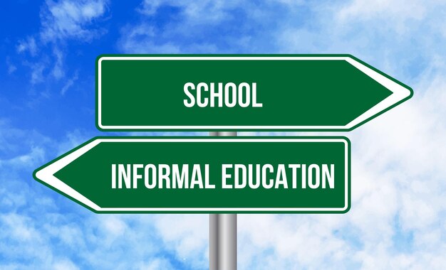 Photo school or informal education road sign on blue sky background