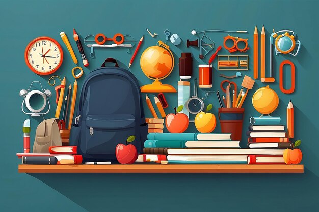 School items and elements learning study flat design Back to school concept