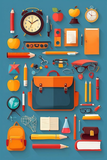 School items and elements learning study flat design Back to school concept