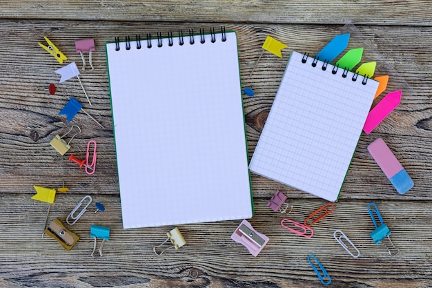 school items on wooden boards