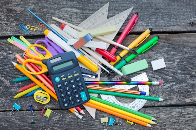 School items on a wooden table