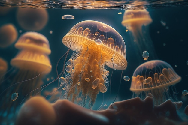 Стая медуз, плавающих в океане