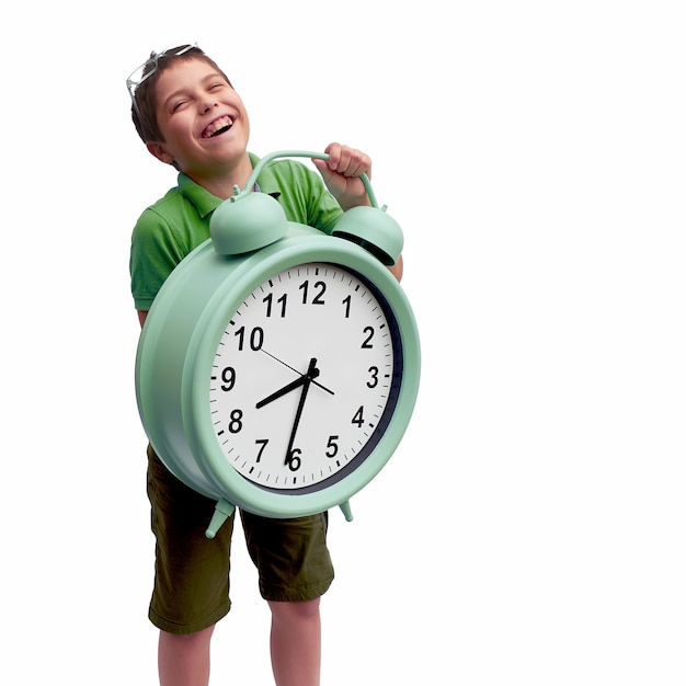 School kid with giant clock, time to go to school