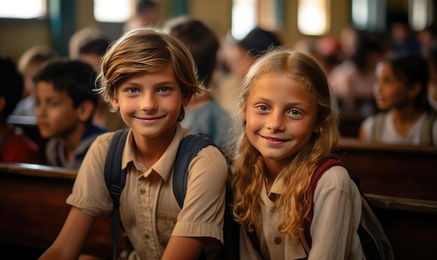 School kids of boy and girl smiling in the classroom