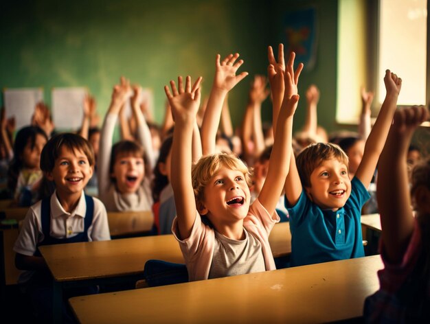 School kids sitting in a classroom raising hands on their benches