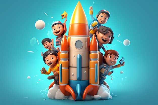 school kids with rocket