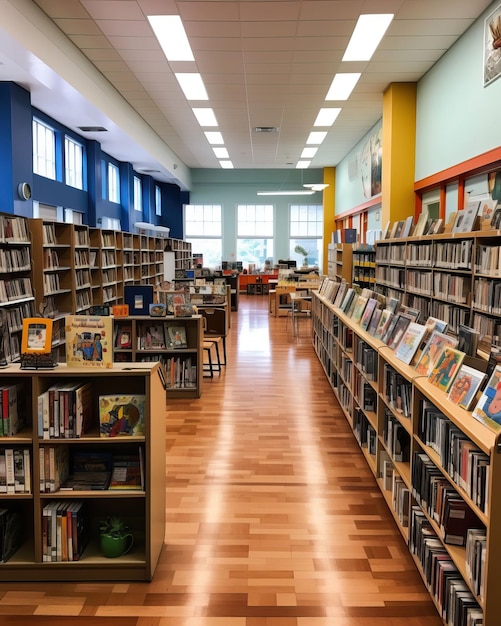 A school library with shelves overflowing with books