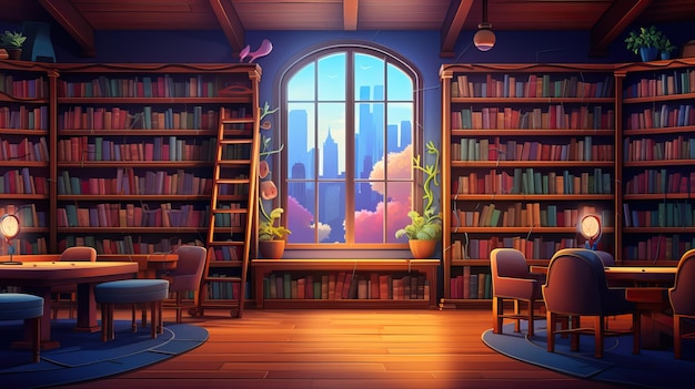 school library with tall bookshelves cartoon illustration ai generative