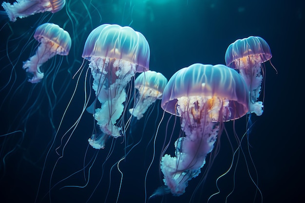 A school of luminous jellyfish lighting up the depths realistic photo