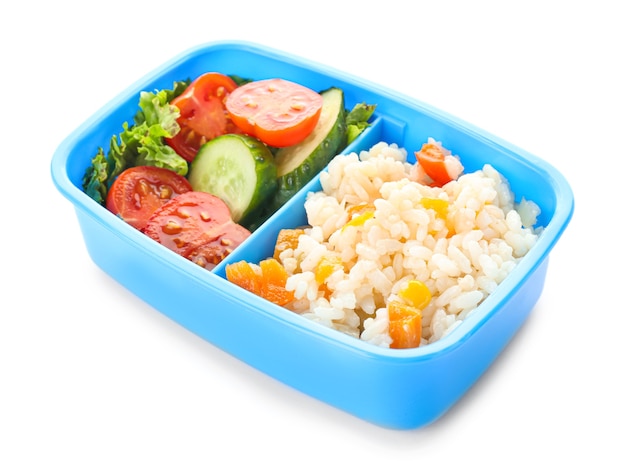 School lunch box with tasty food on white