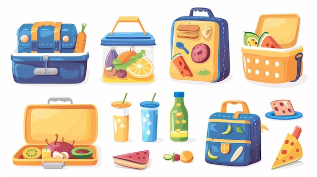 Photo school lunchbox and bag with dinner cartoon modern illustration set of healthy food kit in plastic lunch box and drink in bottle picnic container with meals vegetables and fruits
