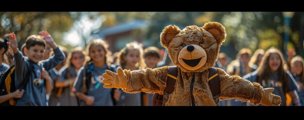Foto una mascotte scolastica che saluta gli studenti con abbracci
