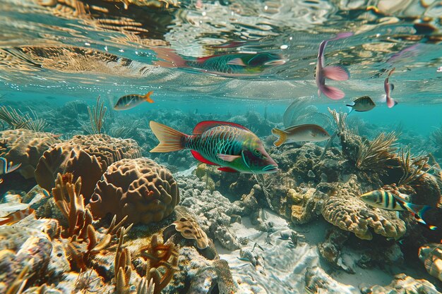 School of multi colored fish swim in reef generated