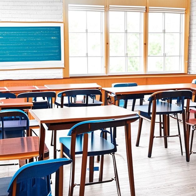 School naar school klaslokaal met stoelen, bureaus en krijtbord zonder student